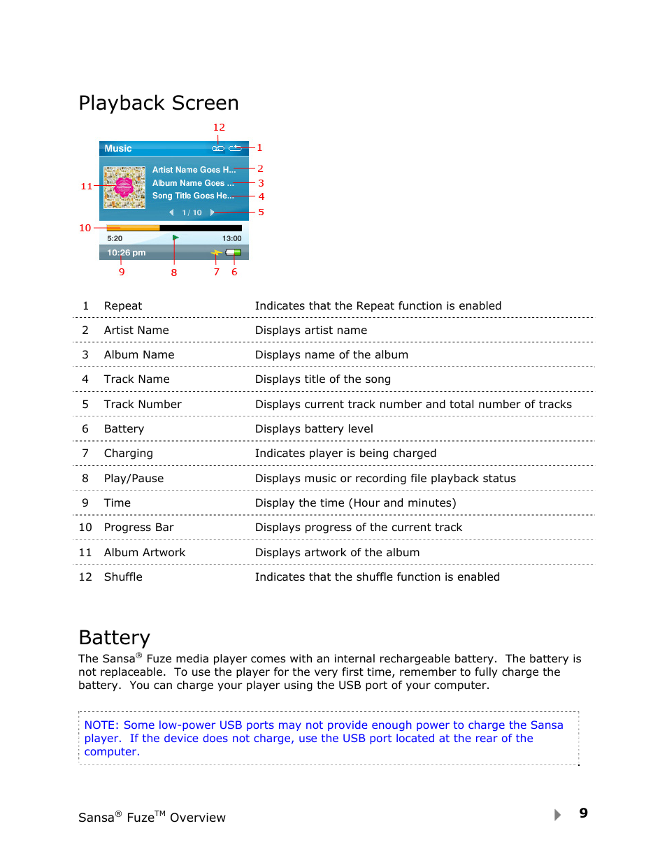 Playback screen, Battery | SanDisk FUZE-UM809-ENG User Manual | Page 12 / 44