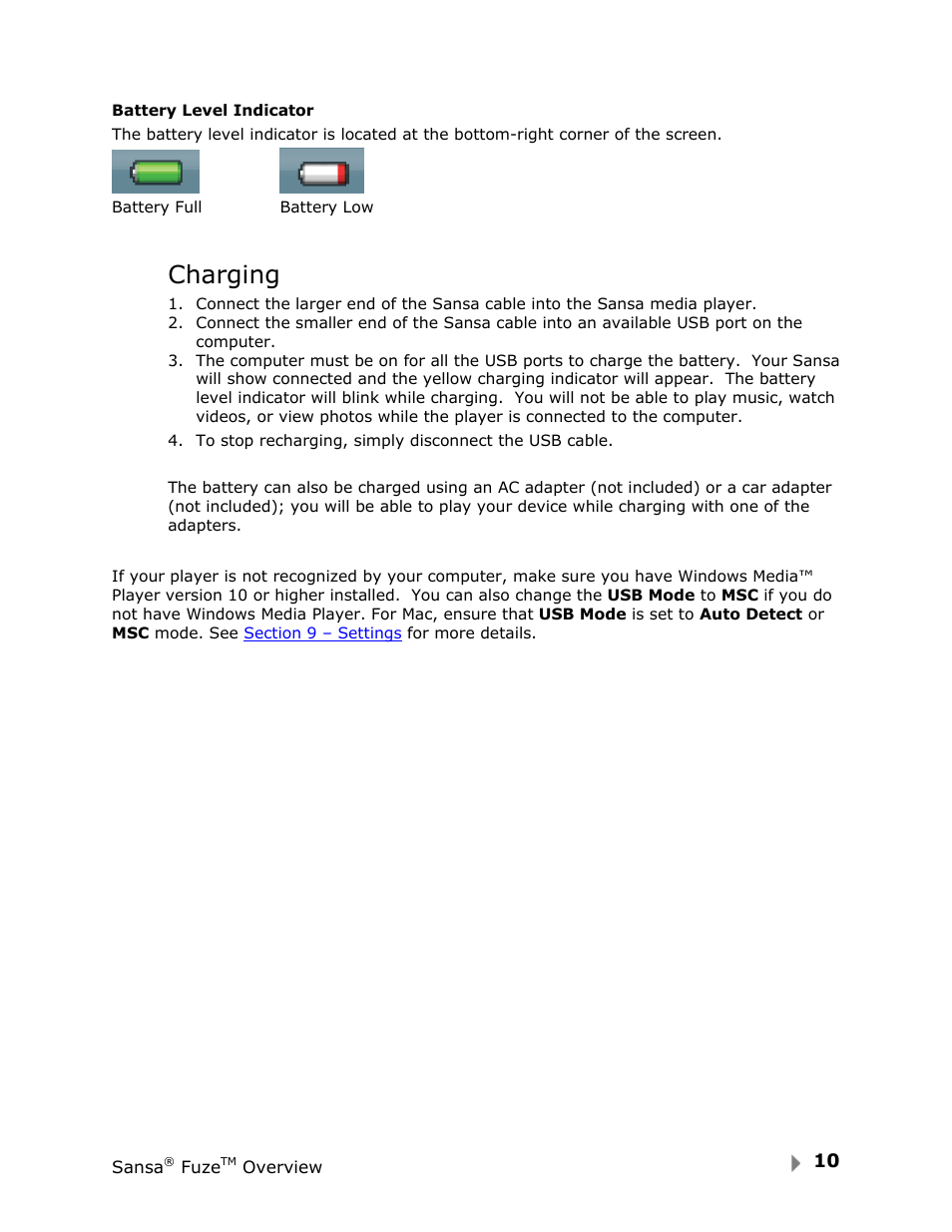Charging | SanDisk FUZE-UM809-ENG User Manual | Page 13 / 44