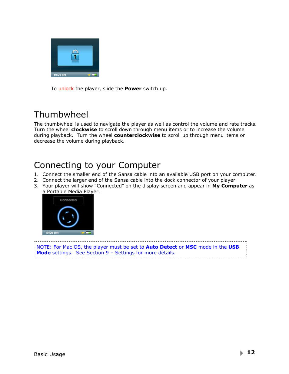 Thumbwheel, Connecting to your computer | SanDisk FUZE-UM809-ENG User Manual | Page 15 / 44