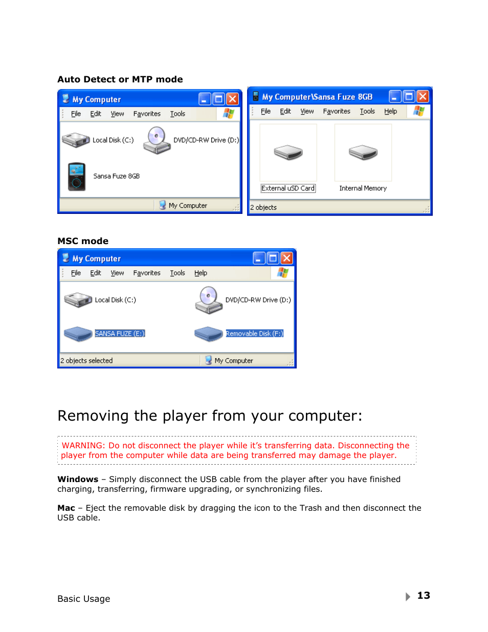 Removing the player from your computer | SanDisk FUZE-UM809-ENG User Manual | Page 16 / 44