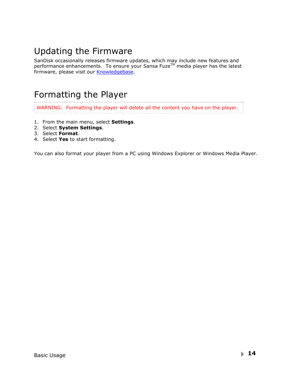 Updating the firmware, Formatting the player | SanDisk FUZE-UM809-ENG User Manual | Page 17 / 44