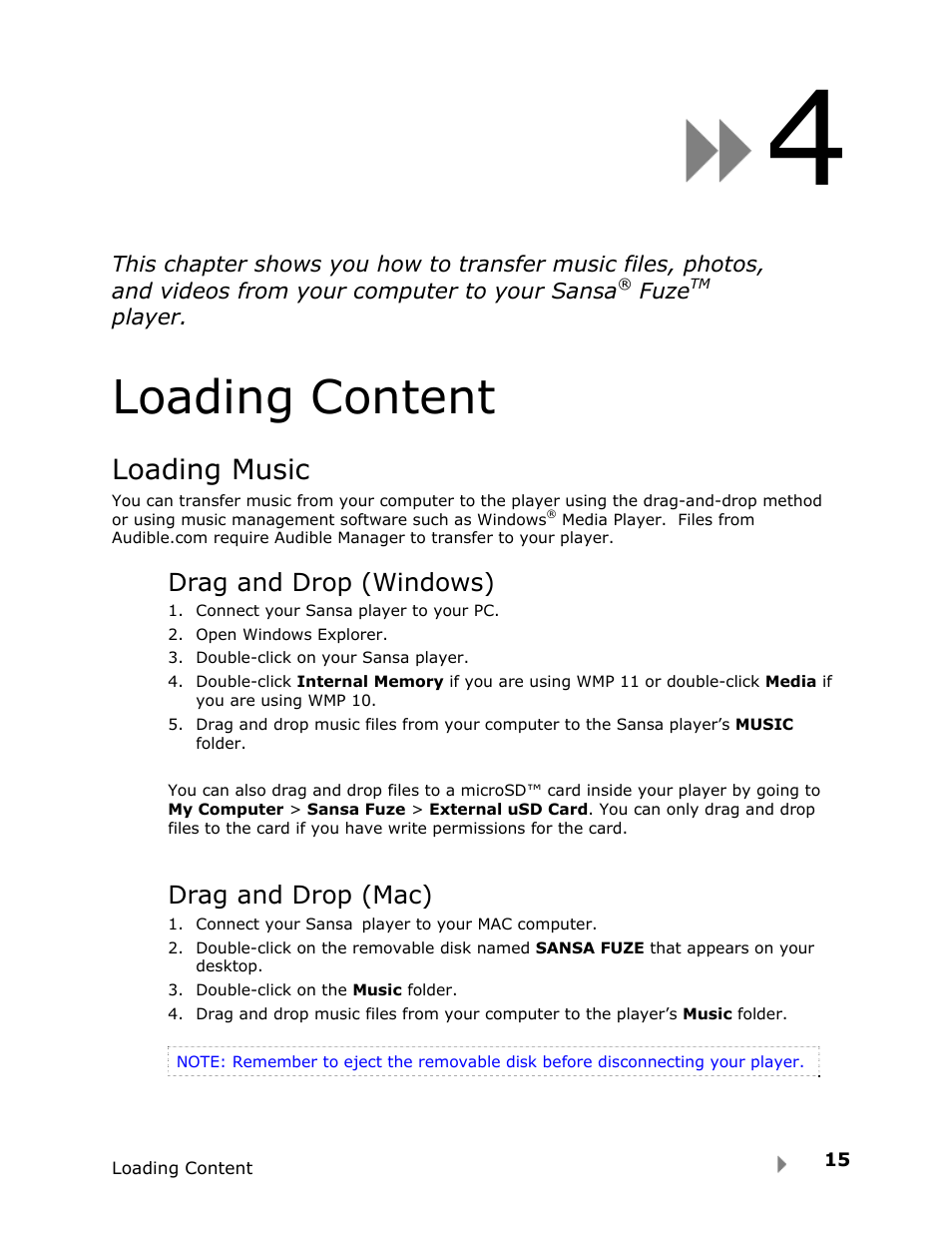 Loading content, Loading music | SanDisk FUZE-UM809-ENG User Manual | Page 18 / 44