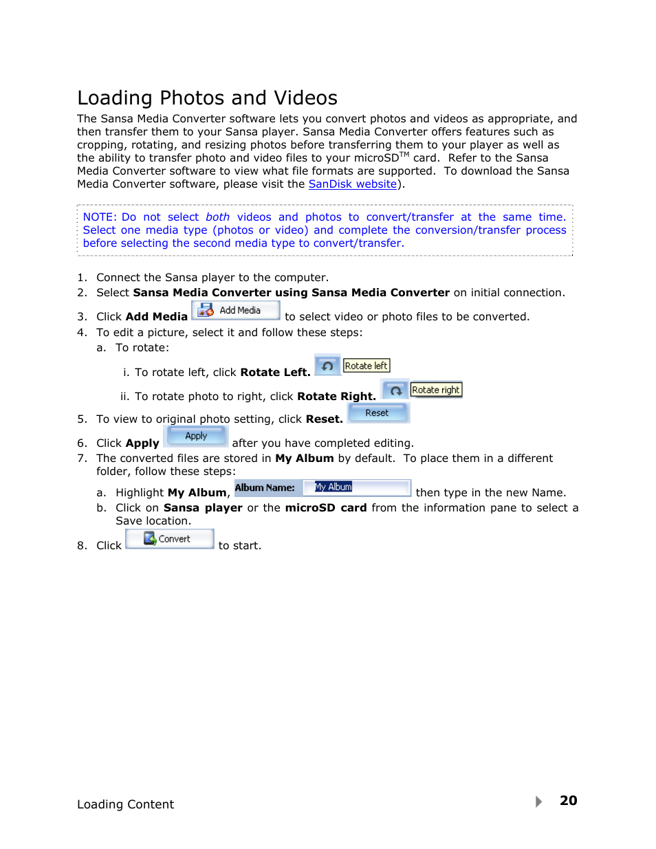 Loading photos and videos | SanDisk FUZE-UM809-ENG User Manual | Page 23 / 44