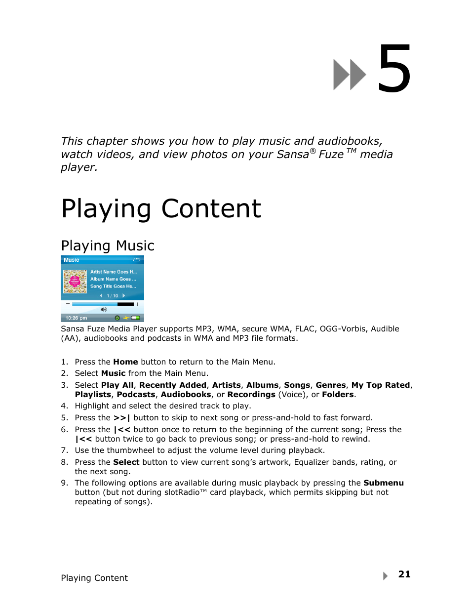 Playing content, Playing music | SanDisk FUZE-UM809-ENG User Manual | Page 24 / 44