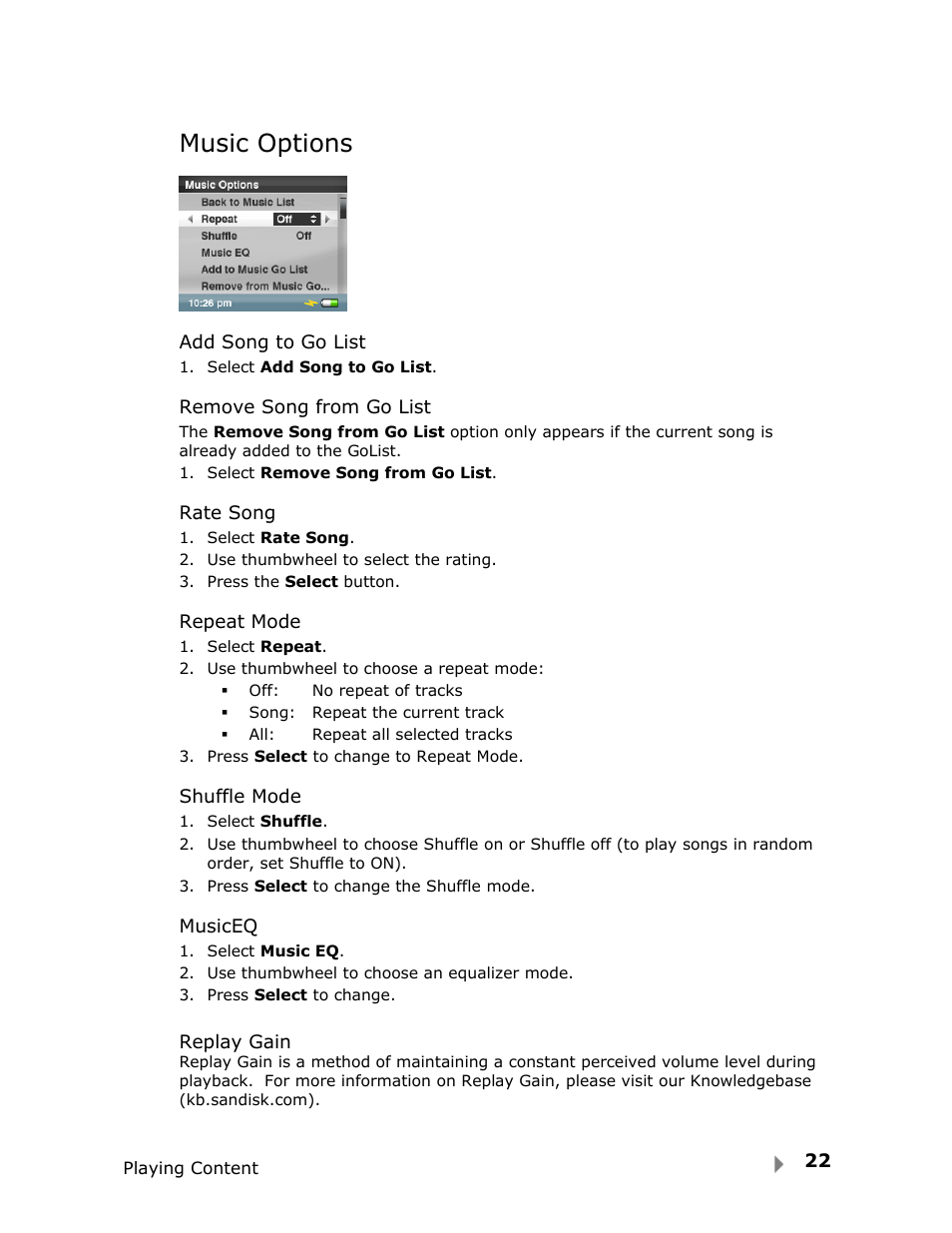 Music options | SanDisk FUZE-UM809-ENG User Manual | Page 25 / 44