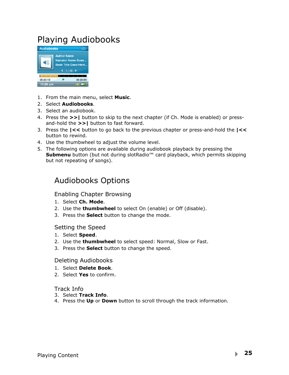 Playing audiobooks, Audiobooks options | SanDisk FUZE-UM809-ENG User Manual | Page 28 / 44