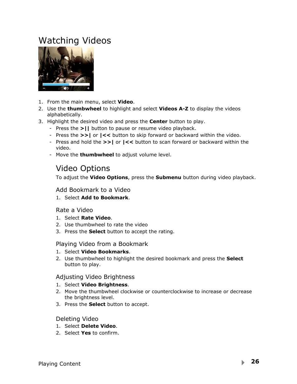 Watching videos, Video options | SanDisk FUZE-UM809-ENG User Manual | Page 29 / 44