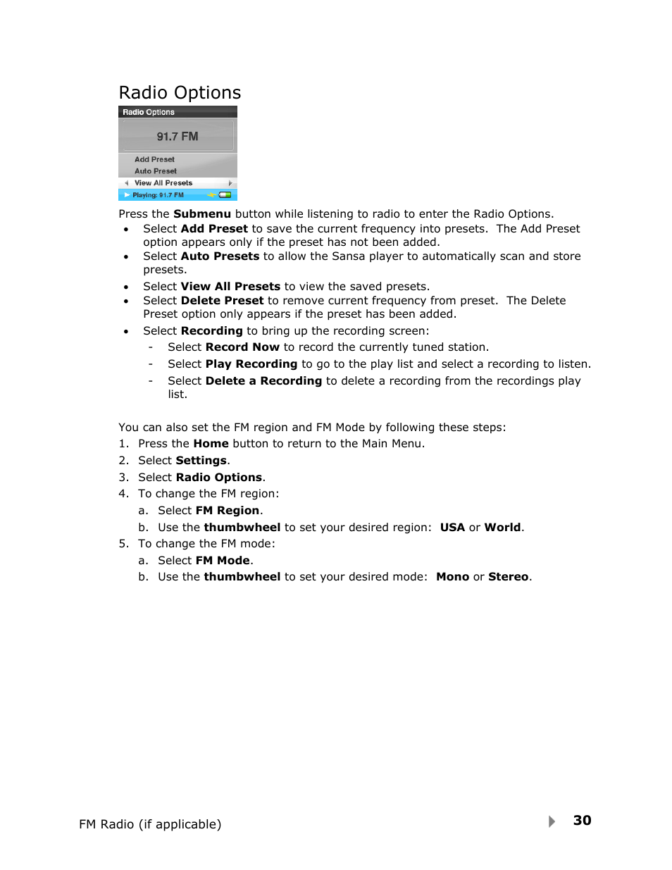Radio options | SanDisk FUZE-UM809-ENG User Manual | Page 33 / 44