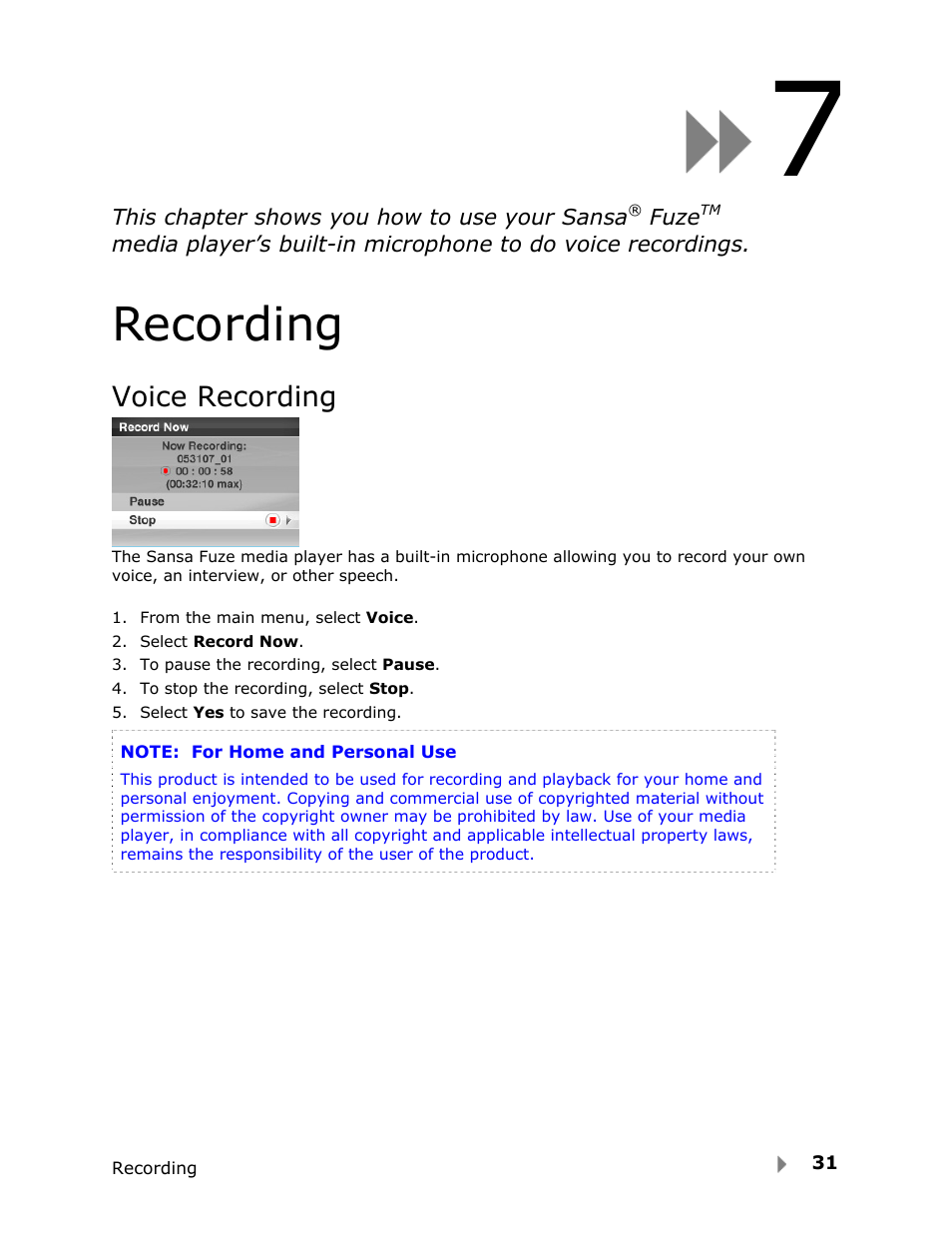 Recording, Voice recording | SanDisk FUZE-UM809-ENG User Manual | Page 34 / 44