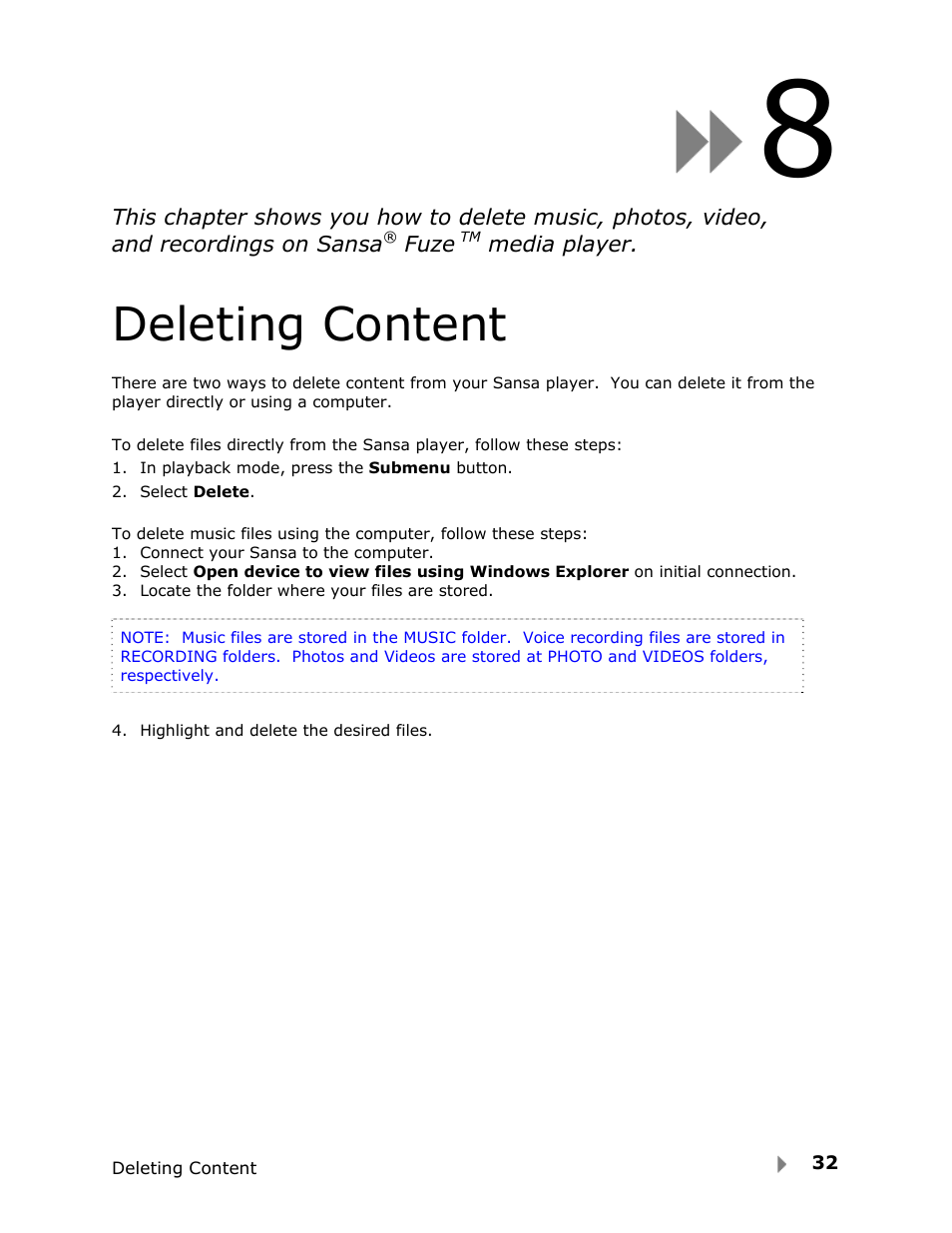 Deleting content | SanDisk FUZE-UM809-ENG User Manual | Page 35 / 44