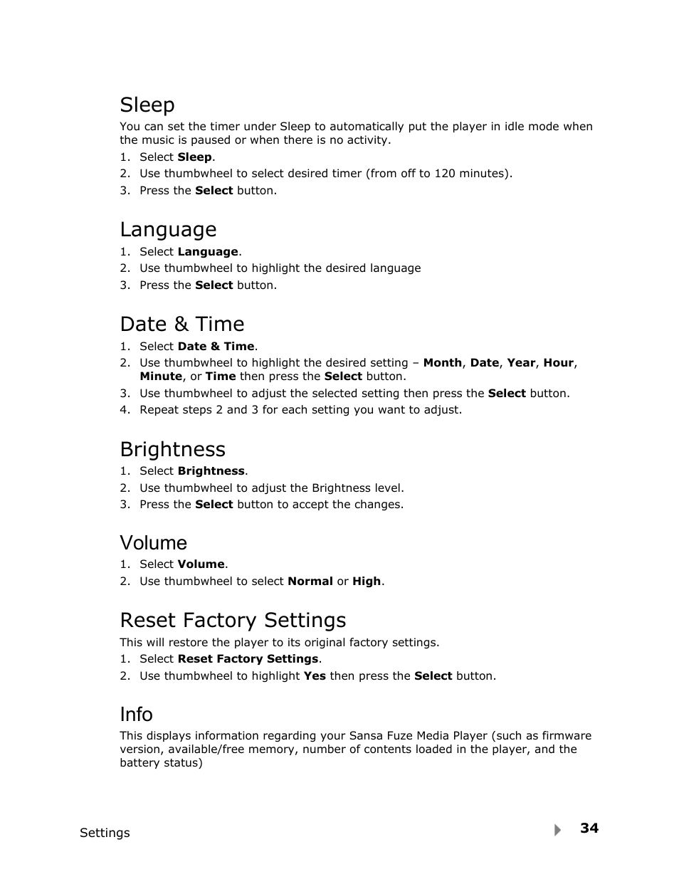 Sleep, Language, Date & time | Brightness, Volume, Reset factory settings, Info | SanDisk FUZE-UM809-ENG User Manual | Page 37 / 44