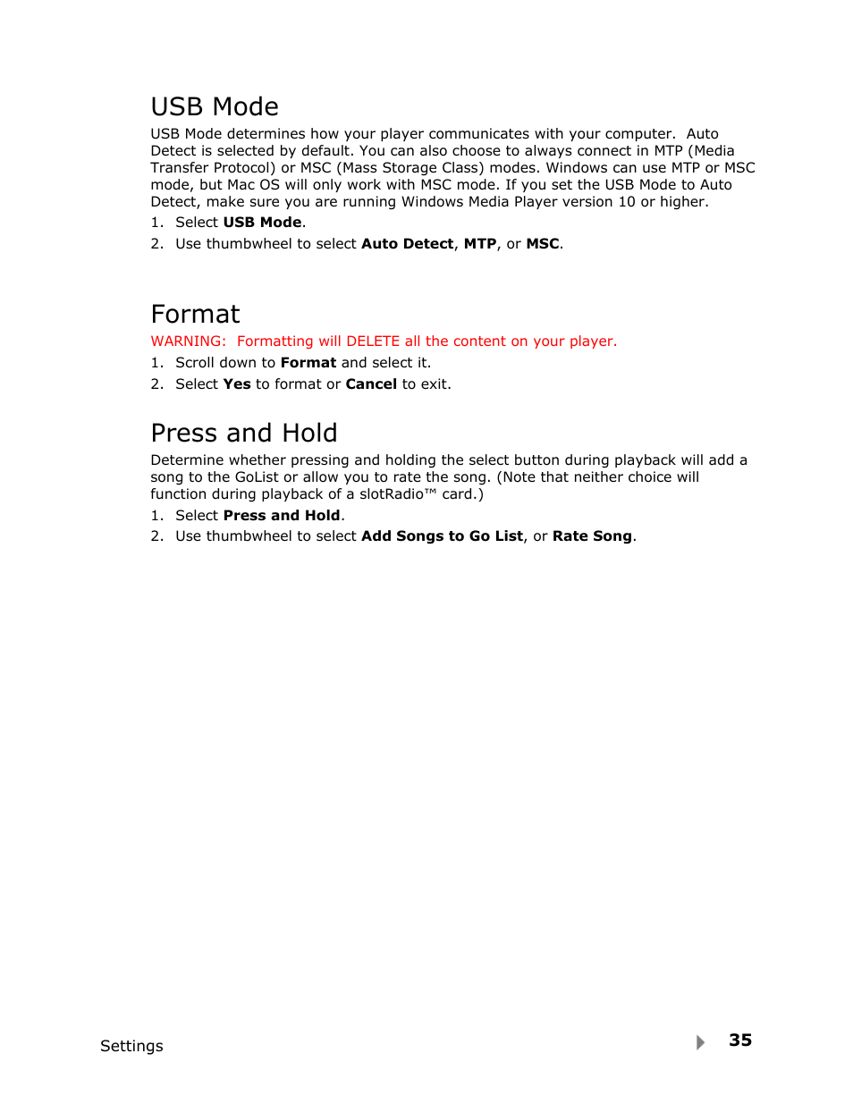 Usb mode, Format, Press and hold | SanDisk FUZE-UM809-ENG User Manual | Page 38 / 44