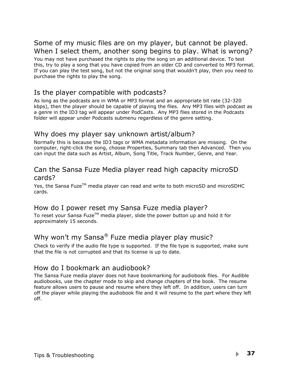 Is the player compatible with podcasts, Why does my player say unknown artist/album, How do i power reset my sansa fuze media player | Why won’t my sansa, Fuze media player play music, How do i bookmark an audiobook | SanDisk FUZE-UM809-ENG User Manual | Page 40 / 44