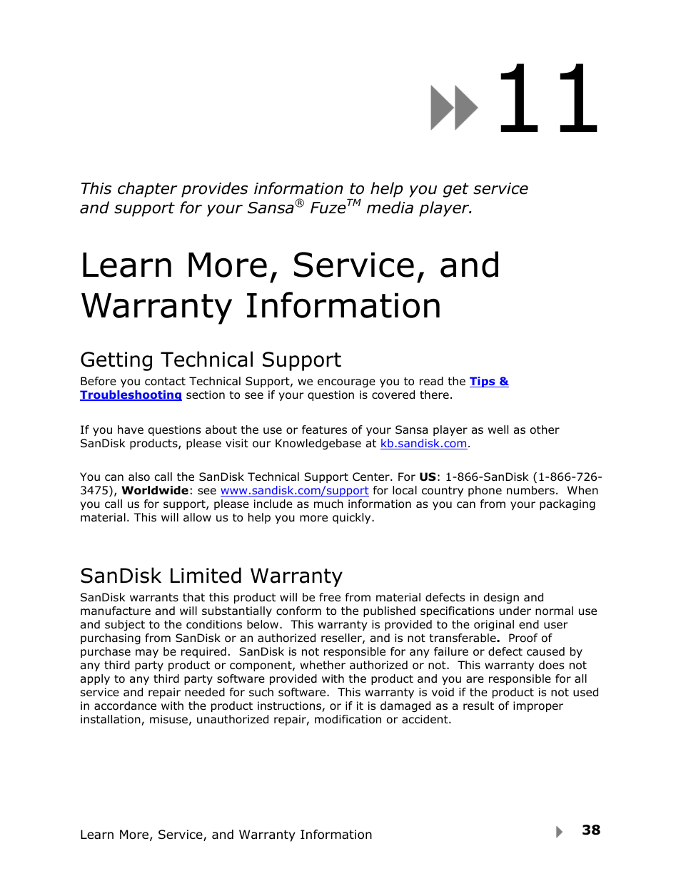 Learn more, service, and warranty information, Getting technical support, Sandisk limited warranty | SanDisk FUZE-UM809-ENG User Manual | Page 41 / 44