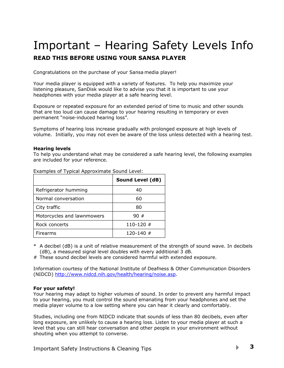 Important – hearing safety levels info | SanDisk FUZE-UM809-ENG User Manual | Page 6 / 44