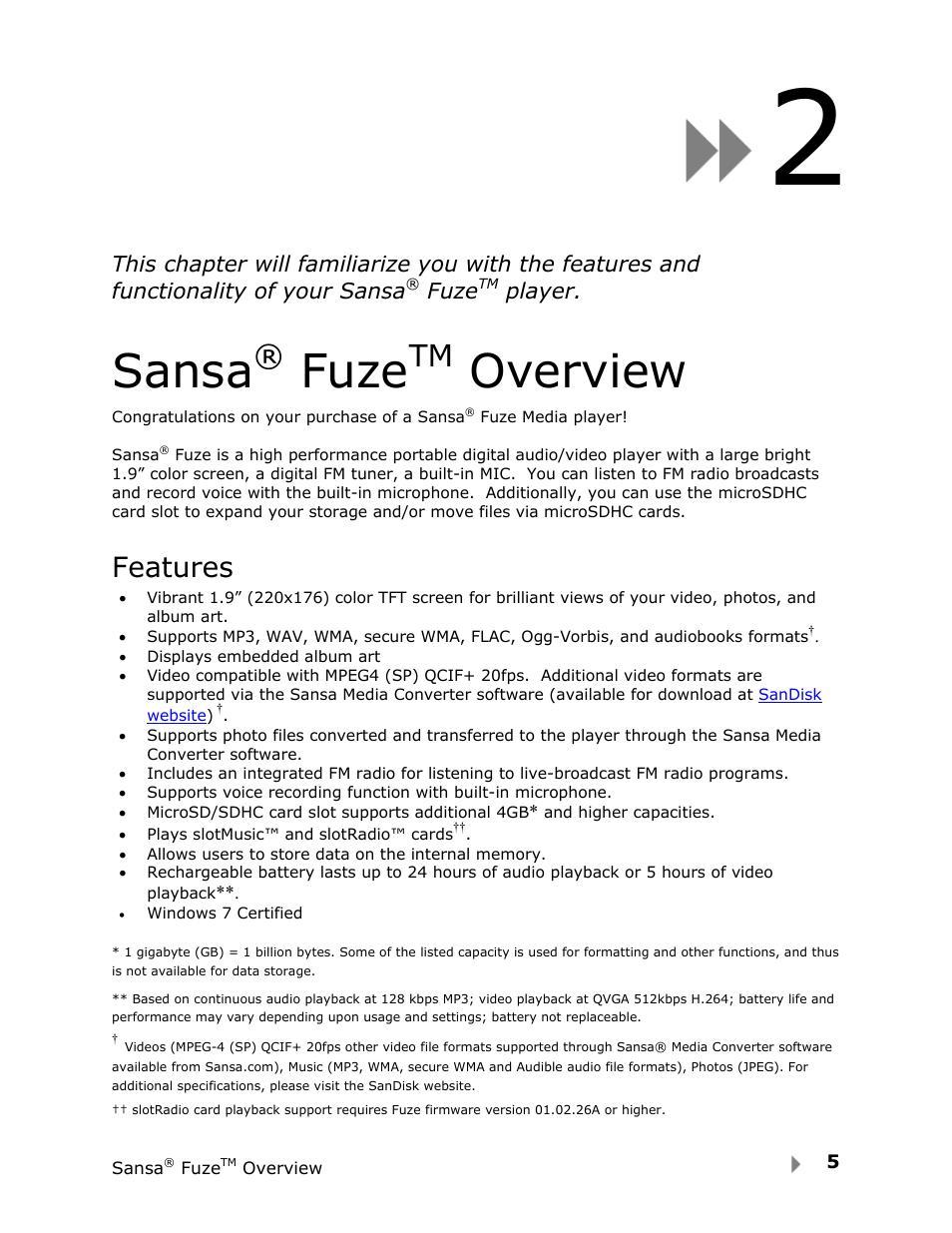 Sansa, Fuze, Overview | Features | SanDisk FUZE-UM809-ENG User Manual | Page 8 / 44