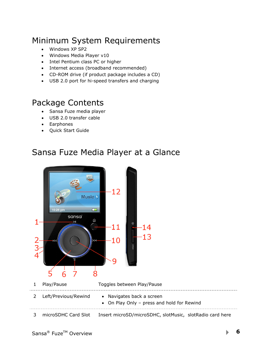 Minimum system requirements, Package contents, Sansa fuze media player at a glance | SanDisk FUZE-UM809-ENG User Manual | Page 9 / 44