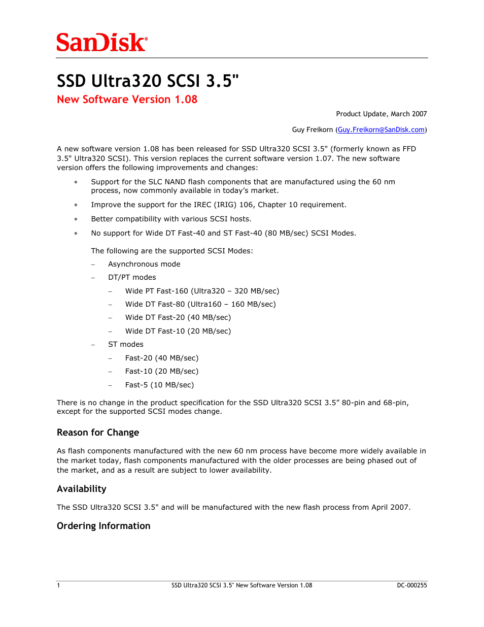 SanDisk SSD ULTRA320 SCSI 3.5" DC-000255 User Manual | 3 pages