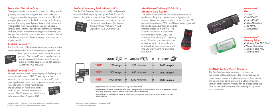4gb 1gb 2gb, Sandisk, Mobilemate | Readers, Store your world in ours, Microsd, Microsdhc | SanDisk MobileMate Readers User Manual | Page 2 / 2
