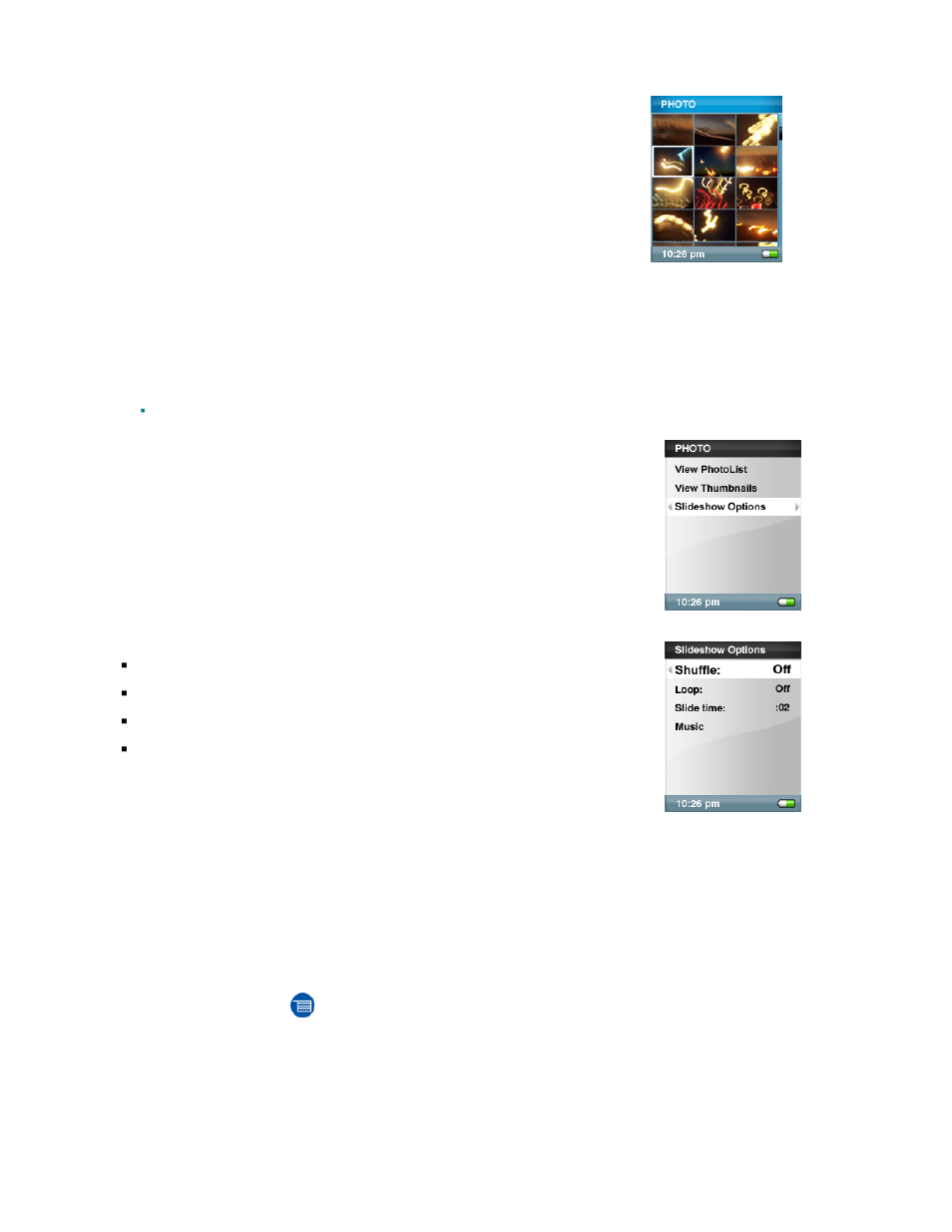 Slideshow, Slideshow options, Video mode | SanDisk Rhapsody User Manual | Page 24 / 42