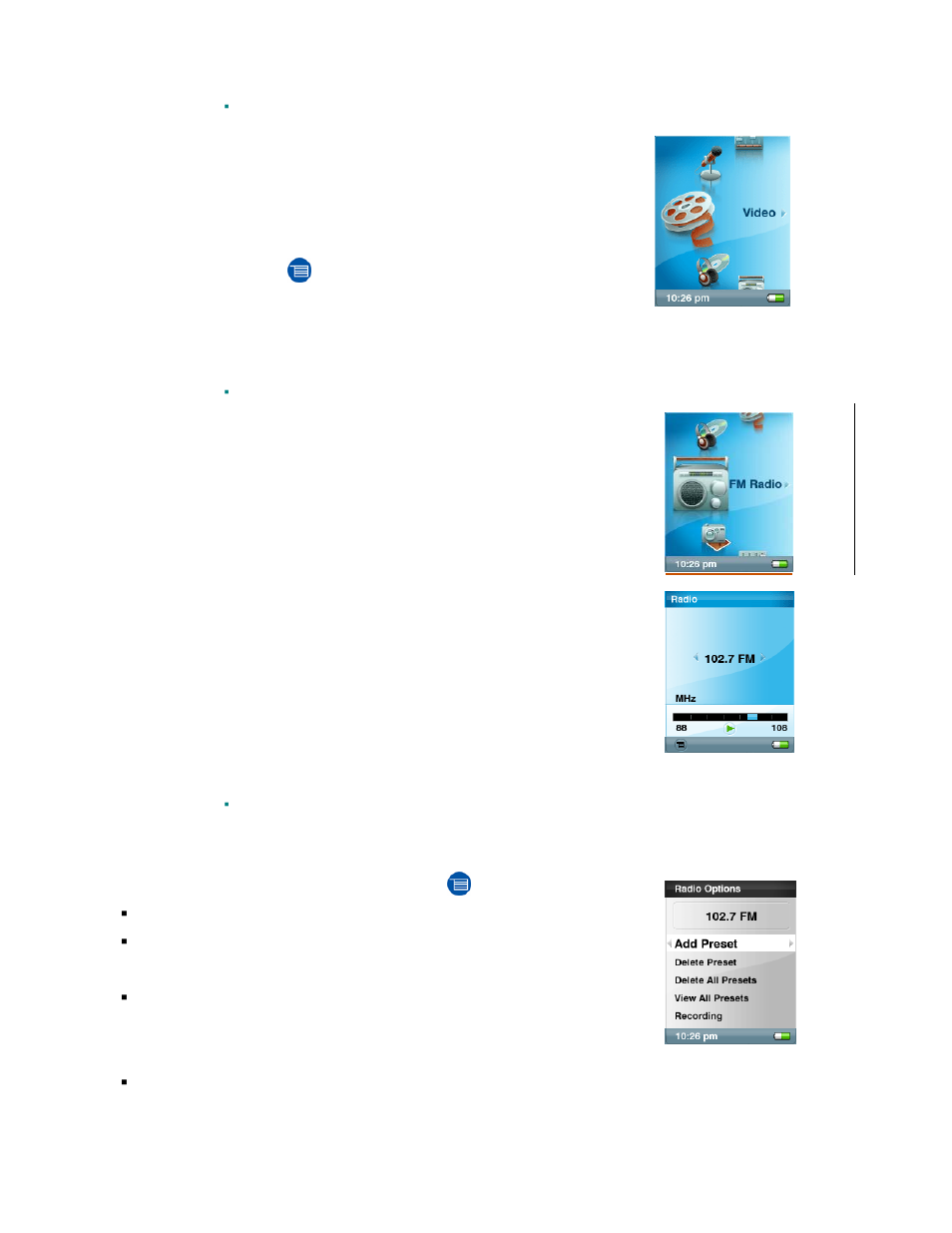 Playing video, Fm radio mode, Fm radio | Fm preset | SanDisk Rhapsody User Manual | Page 25 / 42