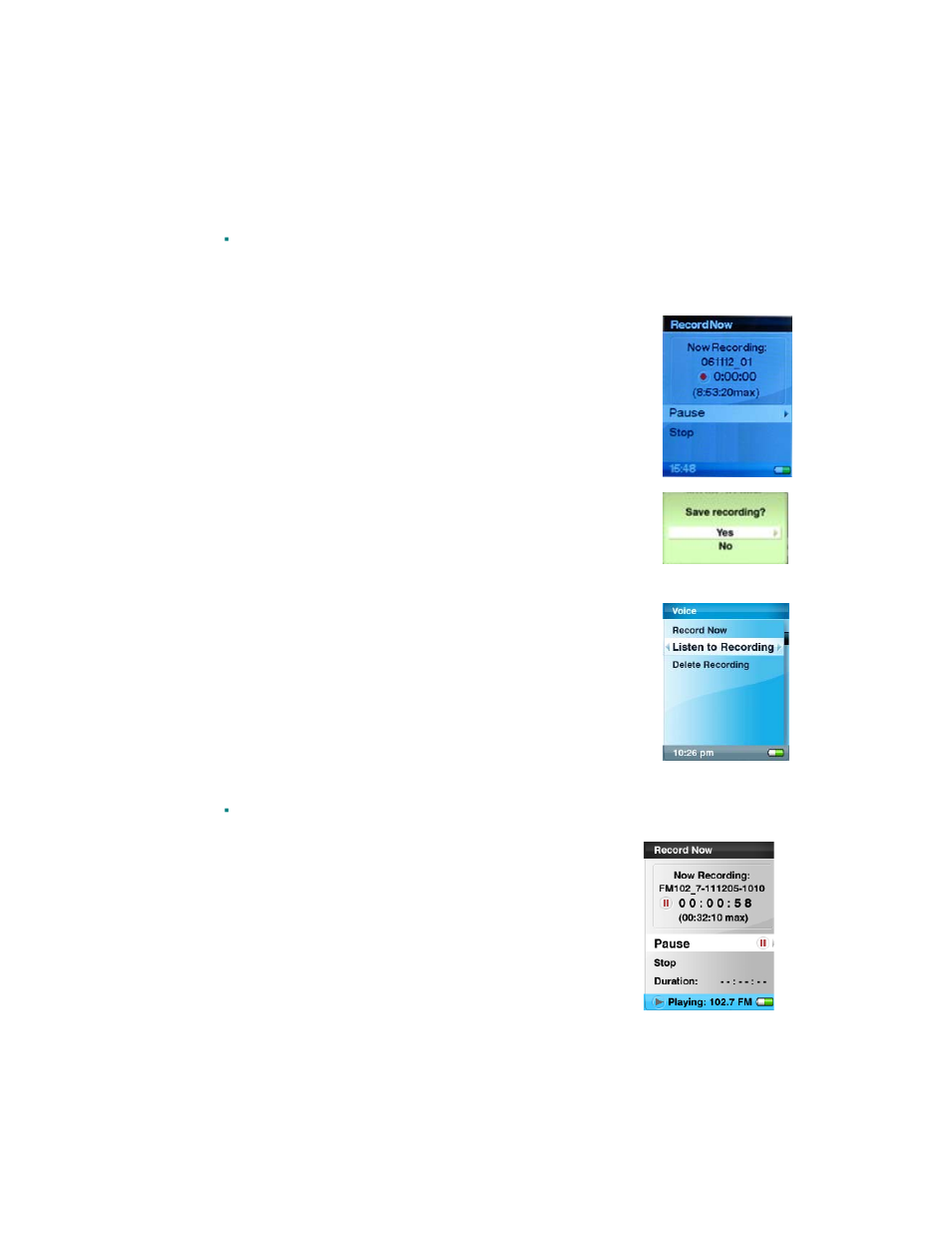 Recording mode, Voice recording, Fm radio broadcast recording | SanDisk Rhapsody User Manual | Page 26 / 42