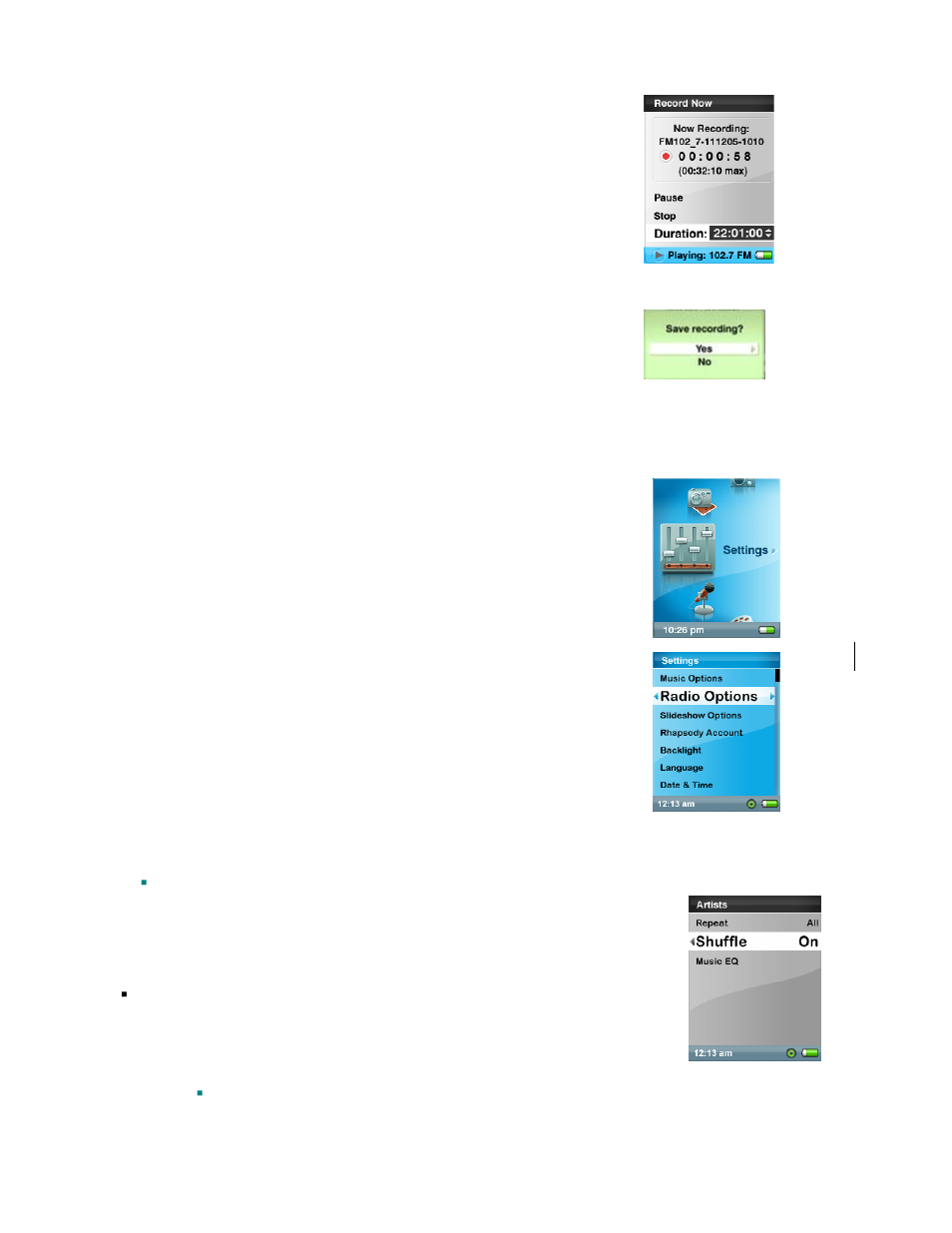 Set music options, Set radio options, Settings mode | SanDisk Rhapsody User Manual | Page 27 / 42