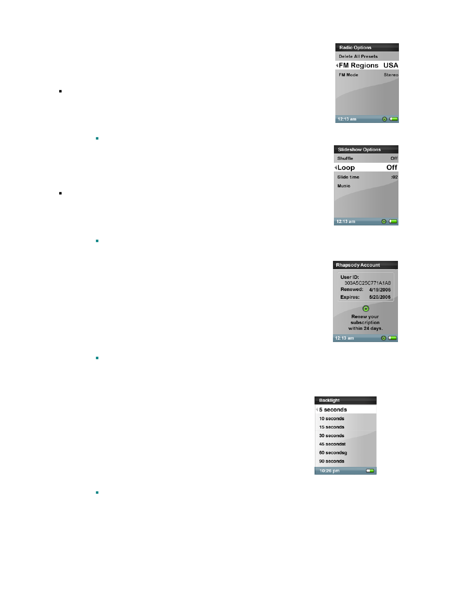 Set slideshow options, Rhapsody account, Set backlight | Set date and time | SanDisk Rhapsody User Manual | Page 28 / 42