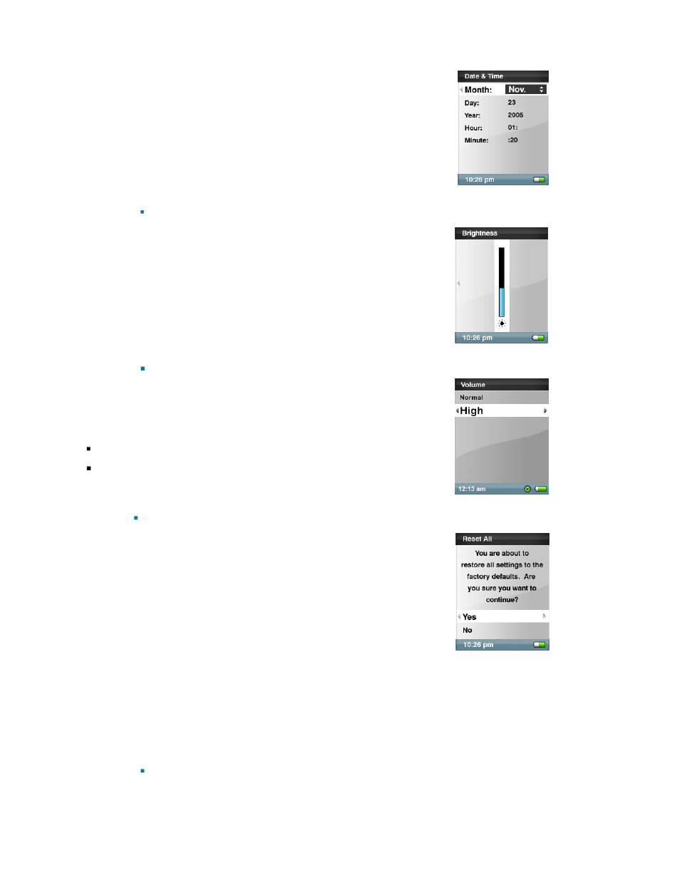 Set brightness, Set volume, Reset all | Info | SanDisk Rhapsody User Manual | Page 29 / 42