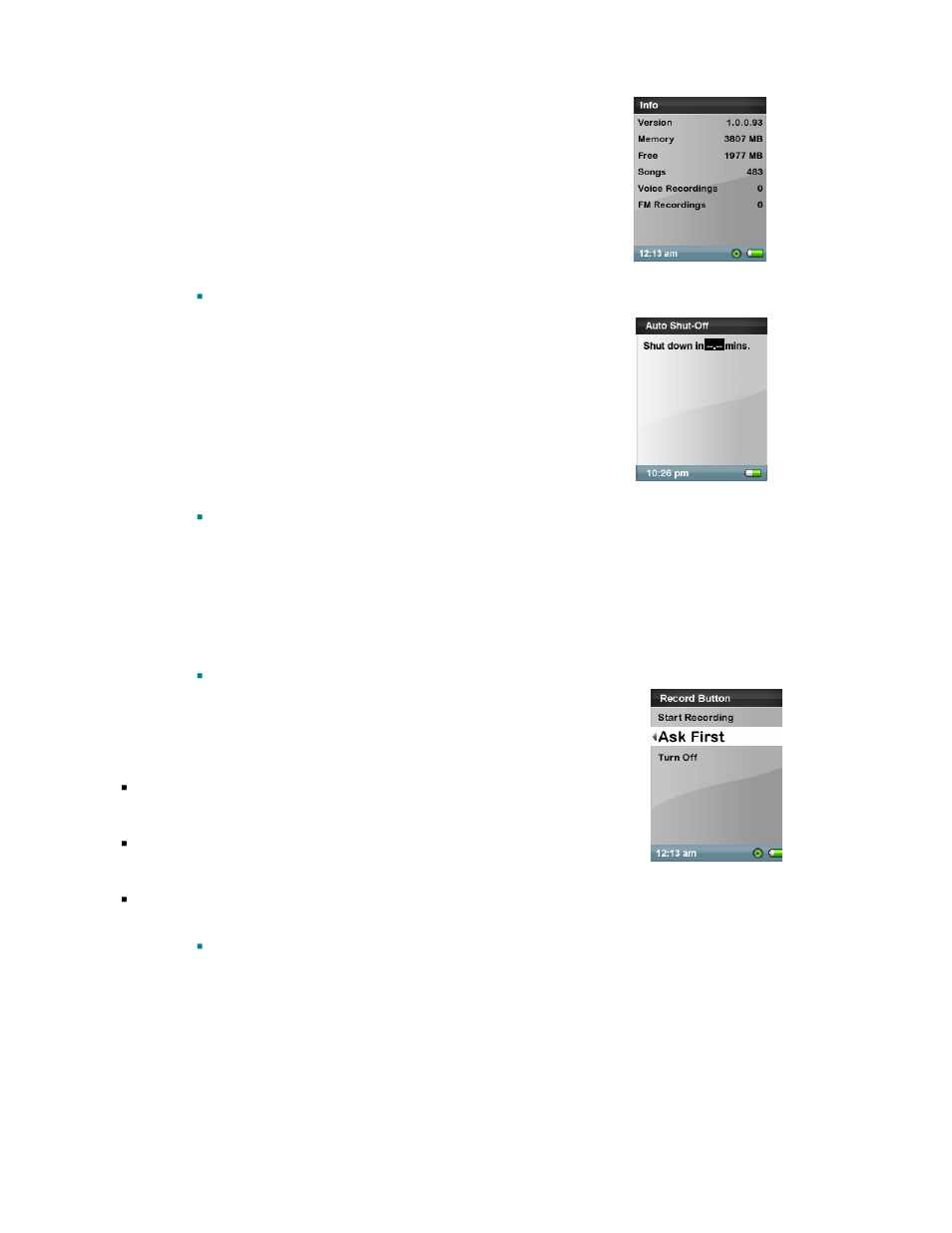 Set auto shut-off, Set usb mode, Set record button | Set press and hold | SanDisk Rhapsody User Manual | Page 30 / 42