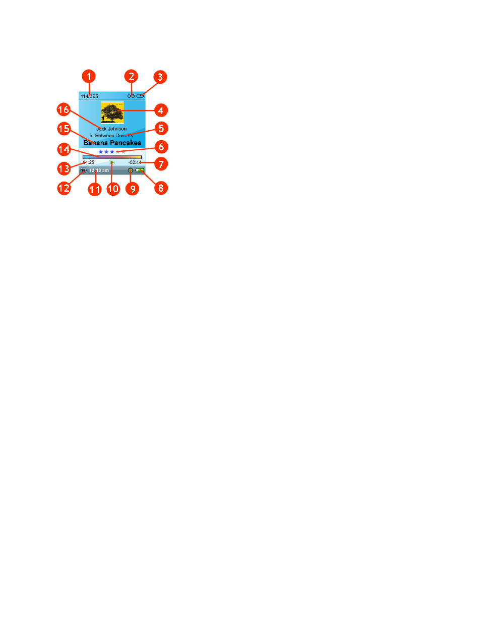 Playback screen features, Lithium ion battery charge | SanDisk Rhapsody User Manual | Page 9 / 42