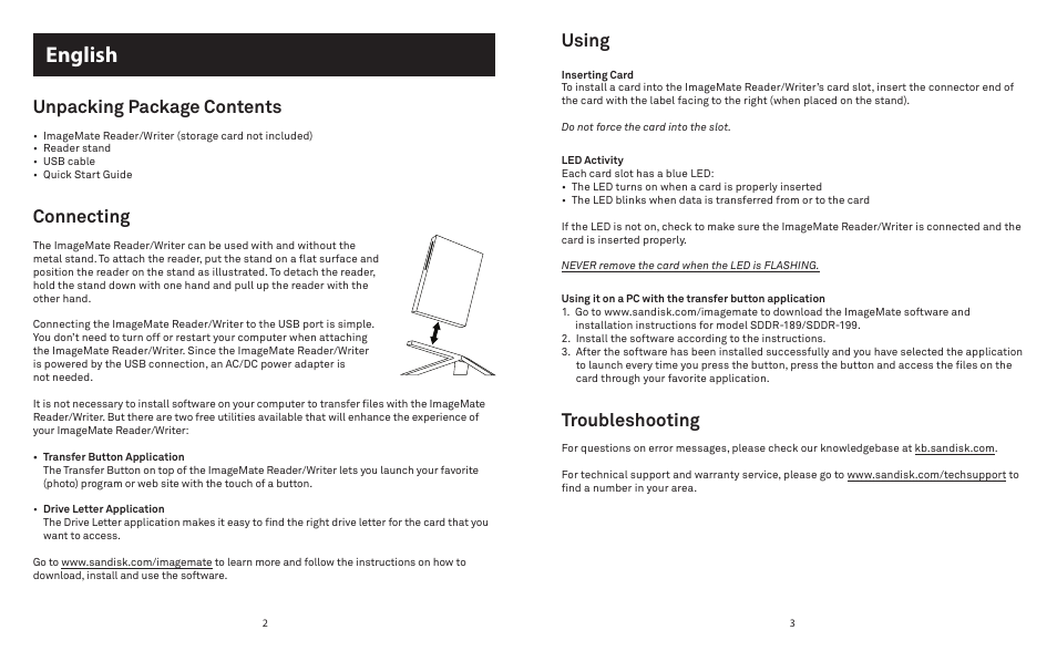 English, Using, Troubleshooting | Unpacking package contents, Connecting | SanDisk ImageMate 415753 User Manual | Page 2 / 6