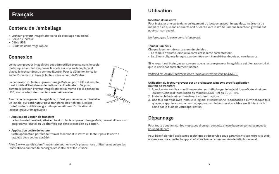 Français, Contenu de l’emballage, Connexion | Utilisation, Dépannage | SanDisk ImageMate 415753 User Manual | Page 3 / 6