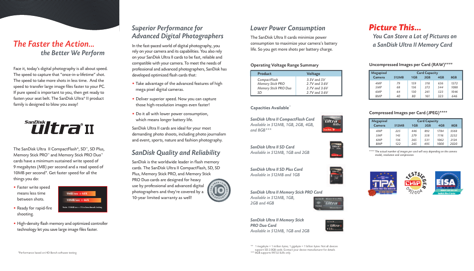 Picture this, The faster the action, Sandisk quality and reliability | Lower power consumption, The better we perform | SanDisk Ultra User Manual | Page 2 / 2