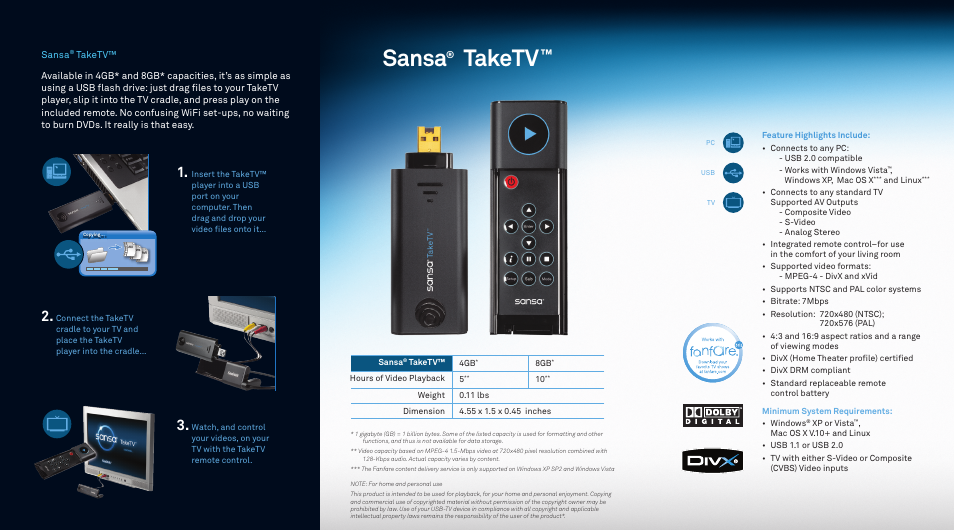 Sansa, Taketv | SanDisk TakeTV User Manual | Page 2 / 2