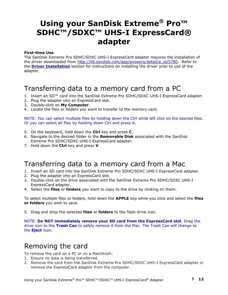 Using your sandisk extreme, Pro™ sdhc™/sdxc™ uhs-i expresscard® adapter, Transferring data to a memory card from a pc | Transferring data to a memory card from a mac, Removing the card | SanDisk SDDR-300 User Manual | Page 12 / 15
