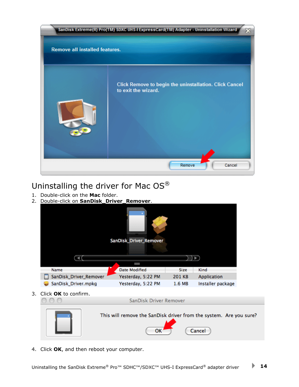 Uninstalling the driver for mac os | SanDisk SDDR-300 User Manual | Page 14 / 15