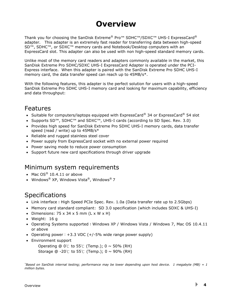 Overview, Features, Minimum system requirements | Specifications | SanDisk SDDR-300 User Manual | Page 4 / 15
