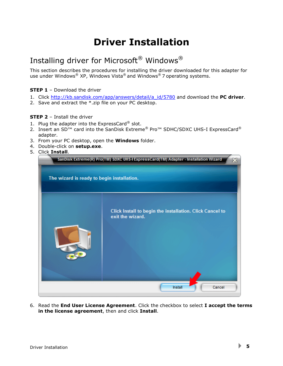 Driver installation, Installing driver for microsoft, Windows | SanDisk SDDR-300 User Manual | Page 5 / 15