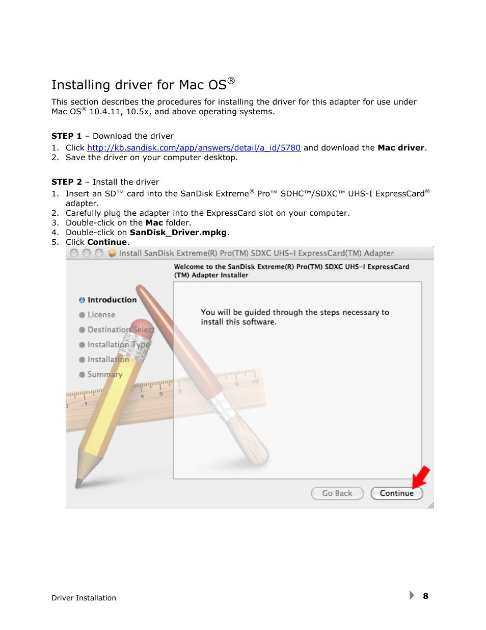 Installing driver for mac os | SanDisk SDDR-300 User Manual | Page 8 / 15