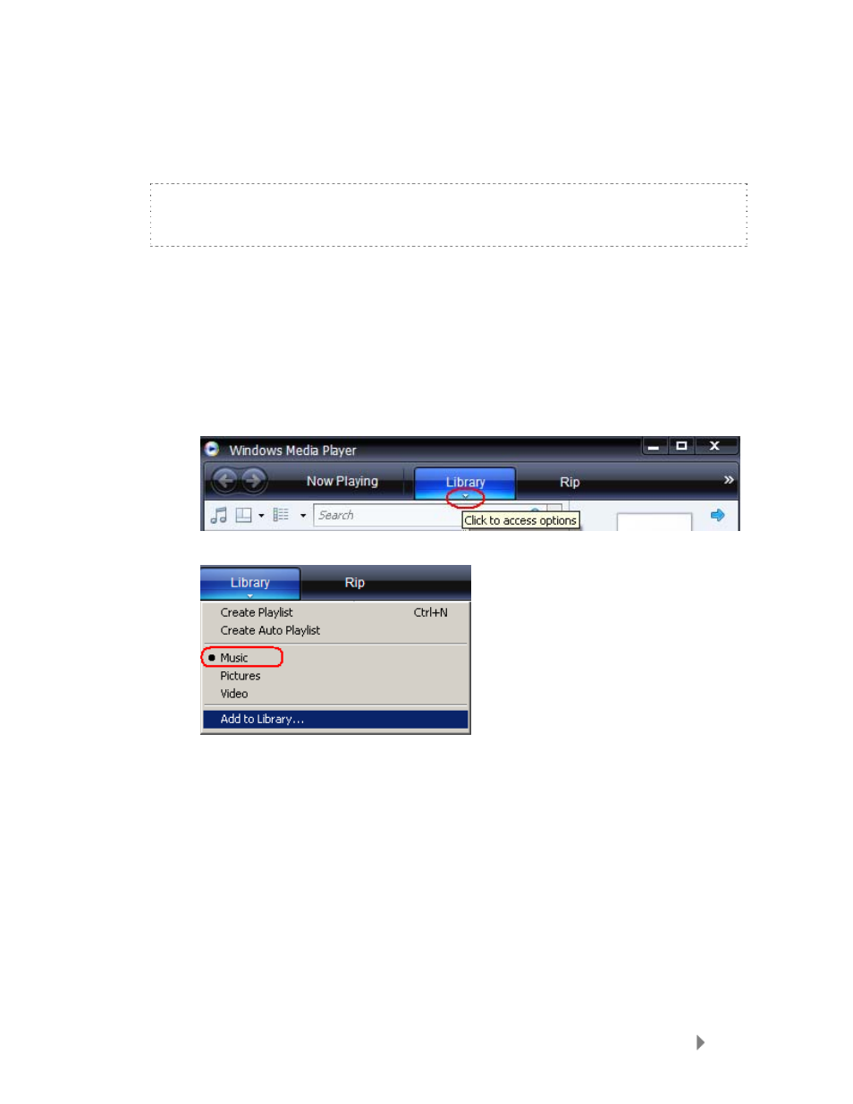 Windows media player, Adding music files to library, Creating playlists | SanDisk UM809 User Manual | Page 14 / 38