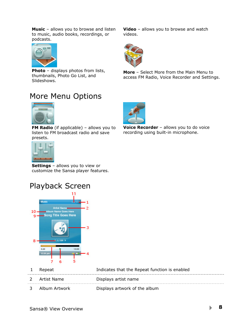 More menu options, Playback screen | SanDisk View User Manual | Page 10 / 34