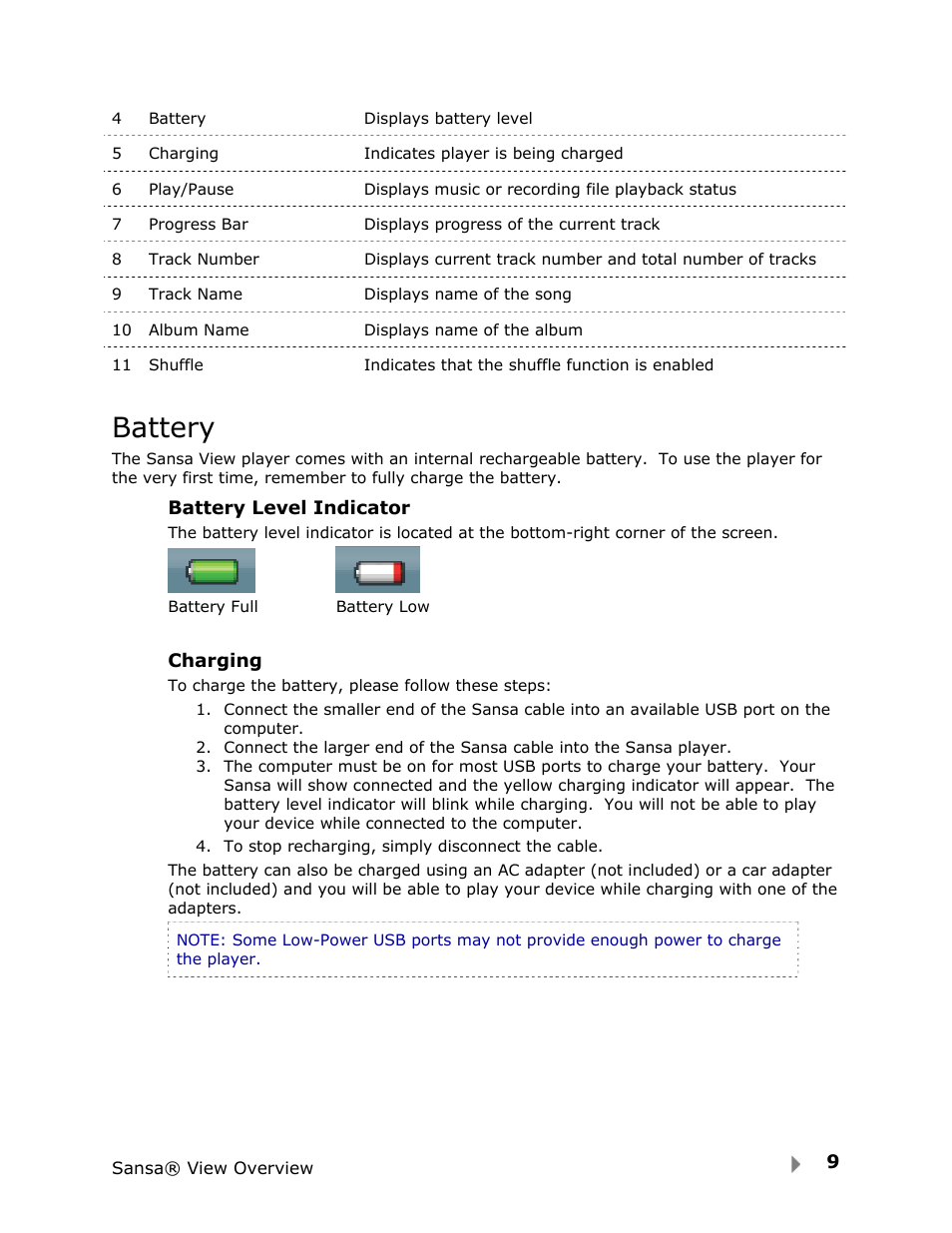Battery | SanDisk View User Manual | Page 11 / 34