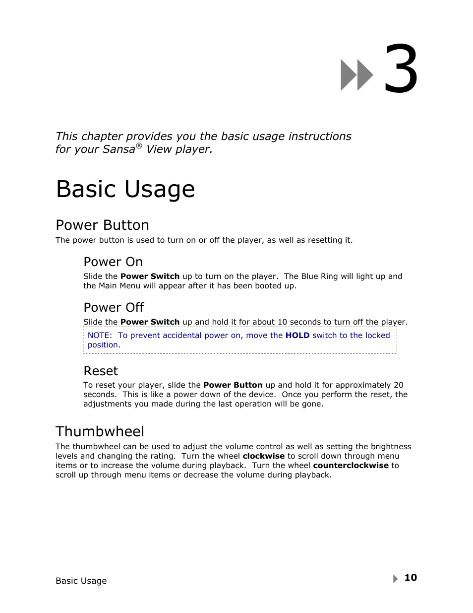 Basic usage, Power button, Thumbwheel | SanDisk View User Manual | Page 12 / 34