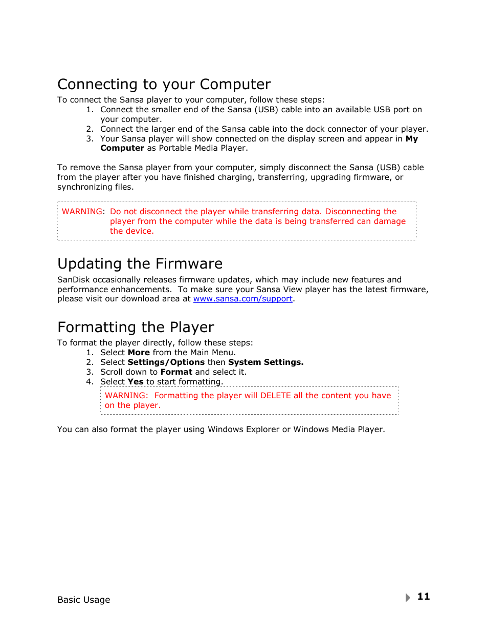 Connecting to your computer, Updating the firmware, Formatting the player | SanDisk View User Manual | Page 13 / 34