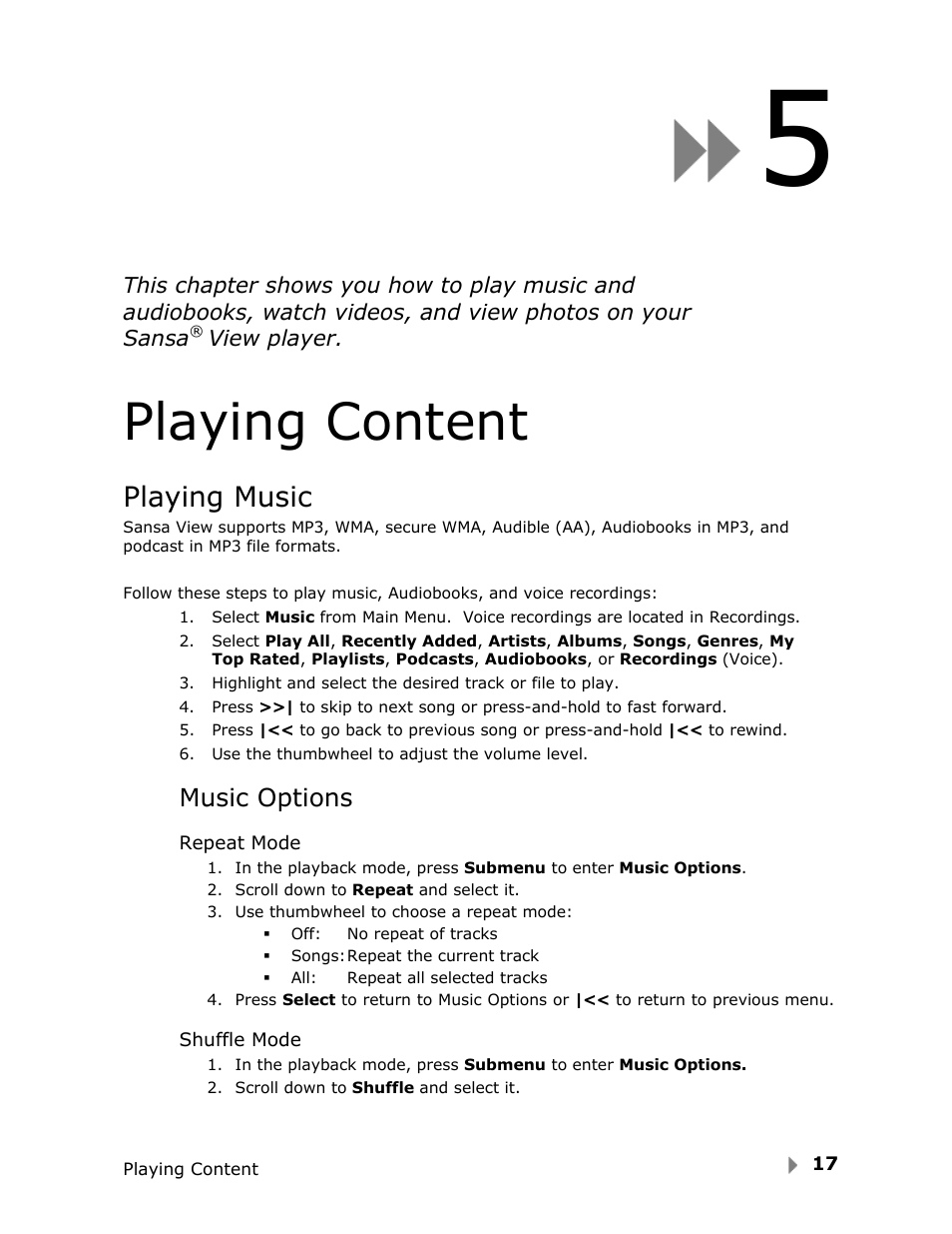 Playing content, Playing music | SanDisk View User Manual | Page 19 / 34