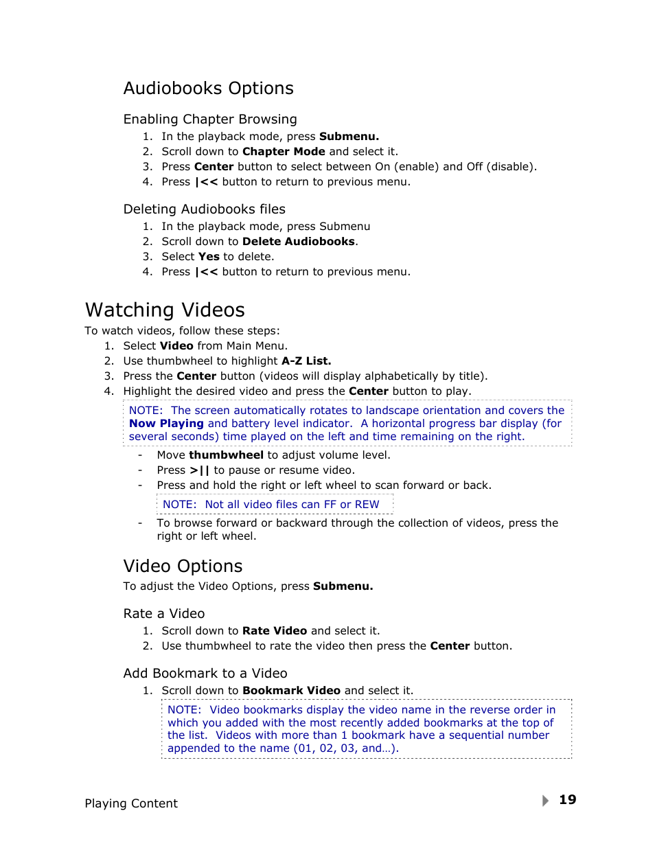 Watching videos, Audiobooks options, Video options | SanDisk View User Manual | Page 21 / 34