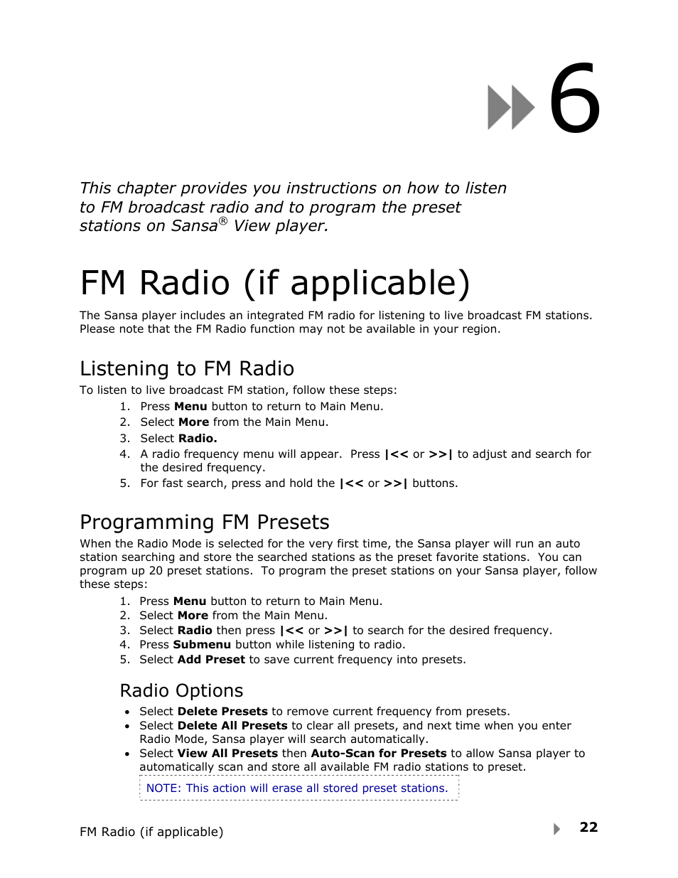 Fm radio (if applicable), Listening to fm radio, Programming fm presets | SanDisk View User Manual | Page 24 / 34