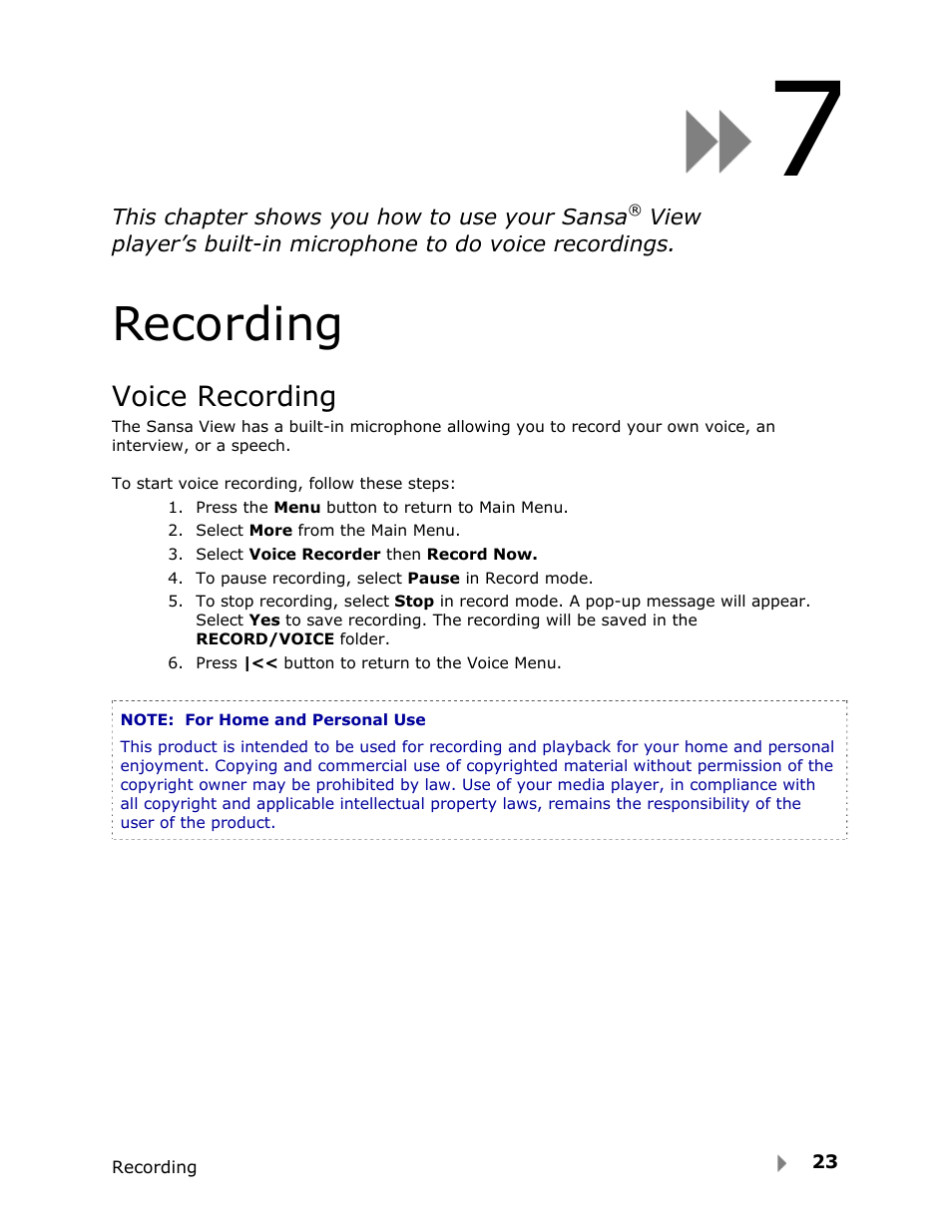 Recording, Voice recording | SanDisk View User Manual | Page 25 / 34