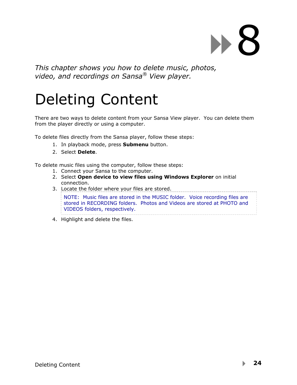 Deleting content | SanDisk View User Manual | Page 26 / 34